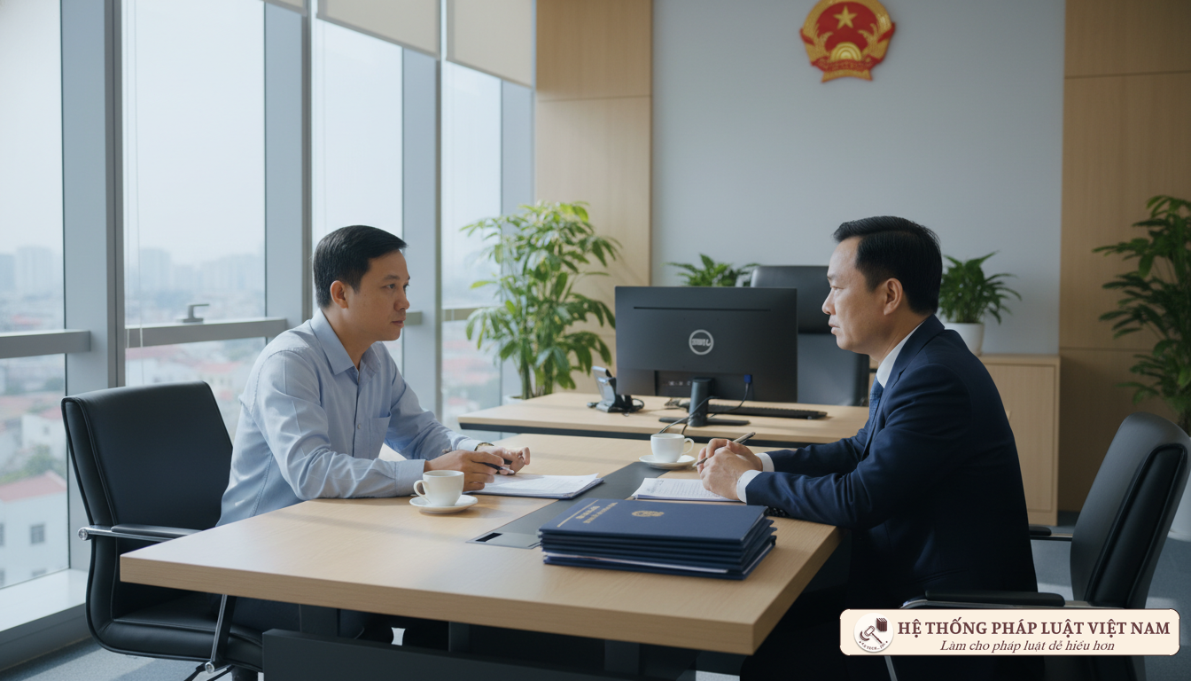 Công dân làm việc với cán bộ hộ tịch tại cơ quan nhà nước