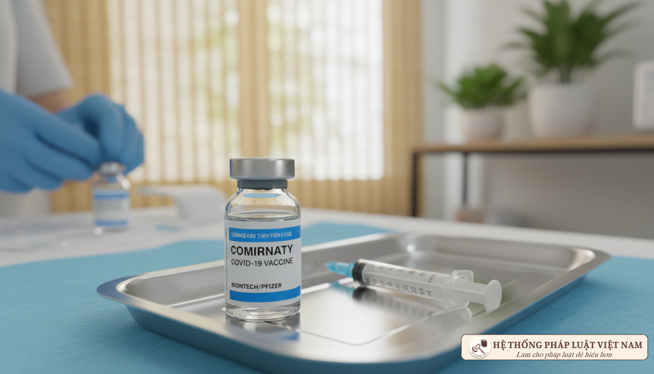 Lọ vaccine COVID-19 và ống tiêm tại phòng khám