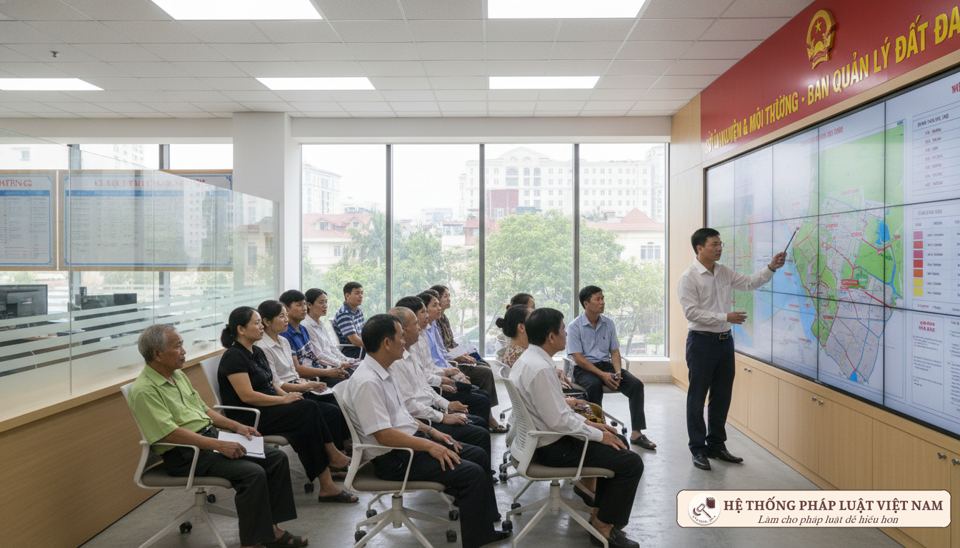 Cán bộ địa chính giải thích quy hoạch đất đai cho người dân