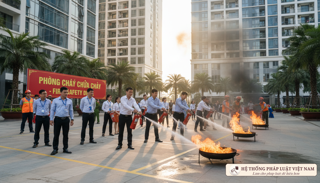 Người dân diễn tập phòng cháy chữa cháy tại khu dân cư