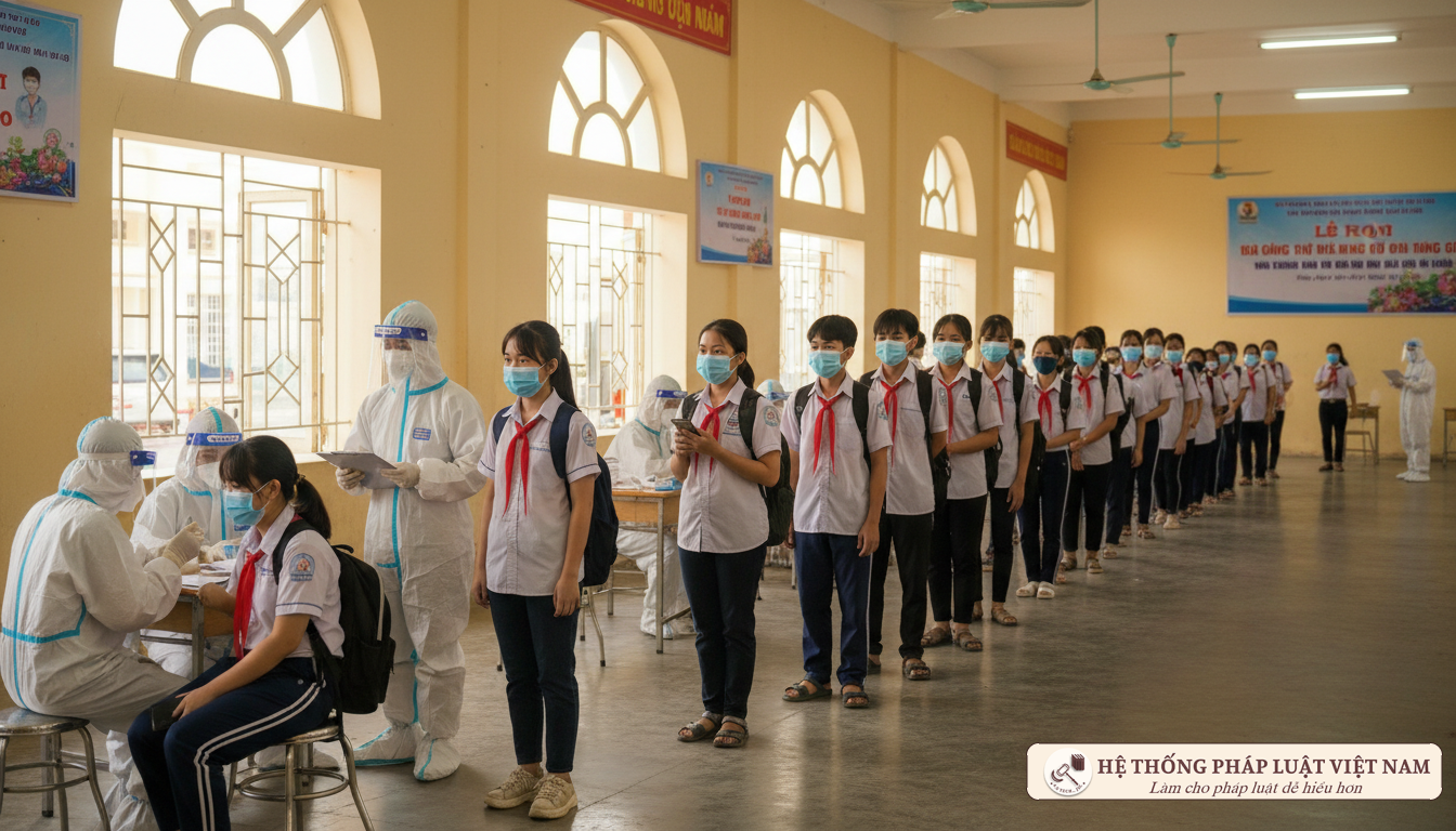 Học sinh chờ tiêm chủng vaccine Covid-19