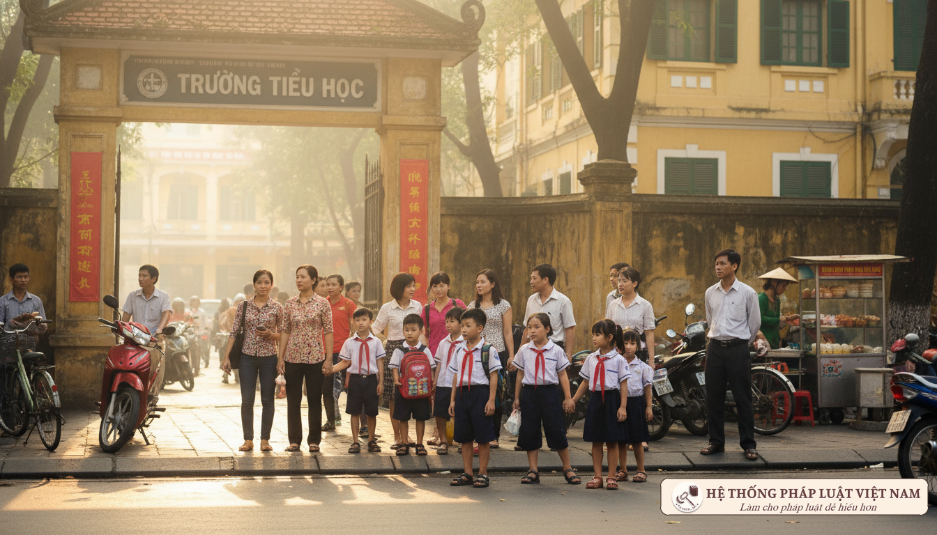 Phụ huynh và học sinh trước cổng trường năm 2012