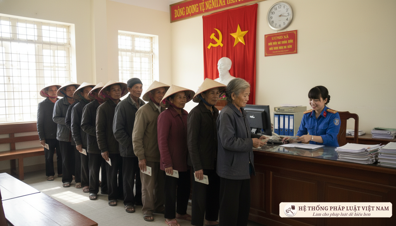 Người dân nhận lương hưu tại UBND xã năm 2015