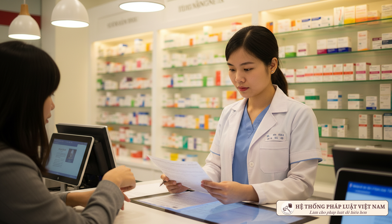 Dược sĩ kiểm tra đơn thuốc tại quầy