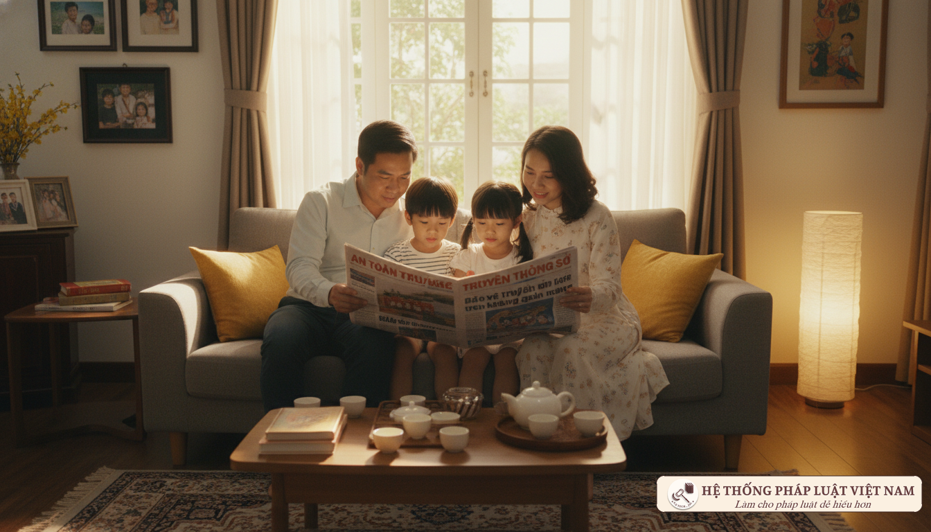 Phụ huynh hướng dẫn trẻ em đọc báo