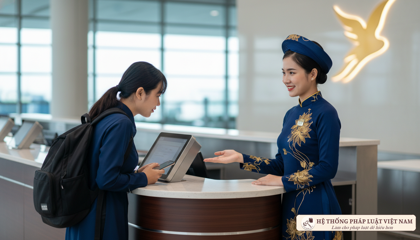 Nhân viên hàng không hỗ trợ hành khách làm thủ tục