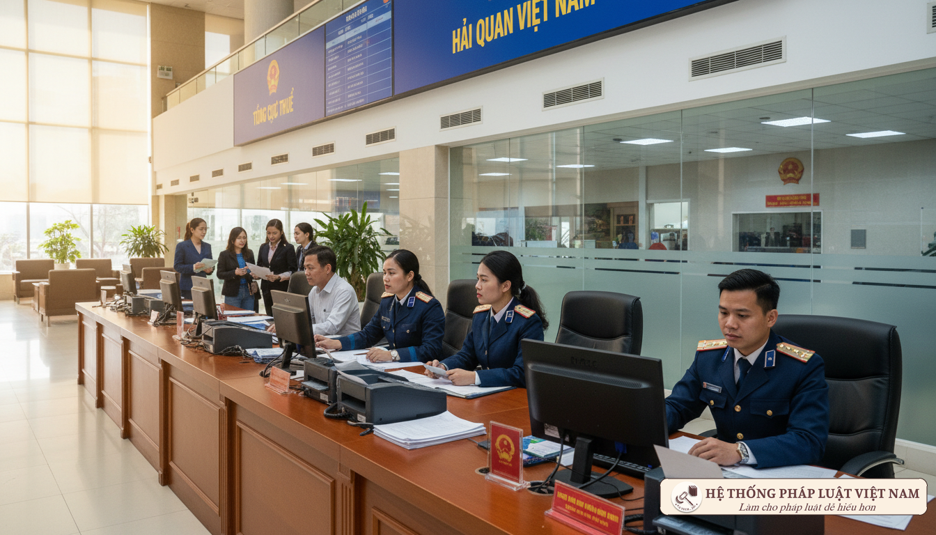 Công chức Thuế và Hải quan làm việc tại quầy giao dịch
