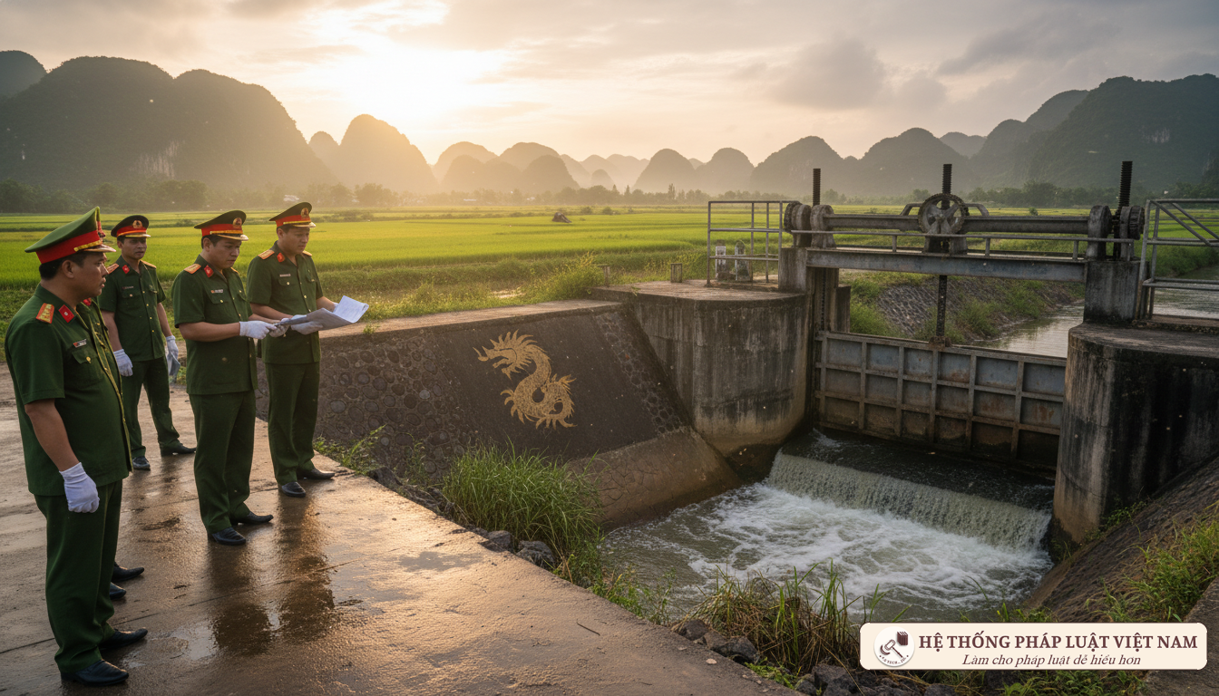 Cán bộ kiểm tra công trình thủy lợi