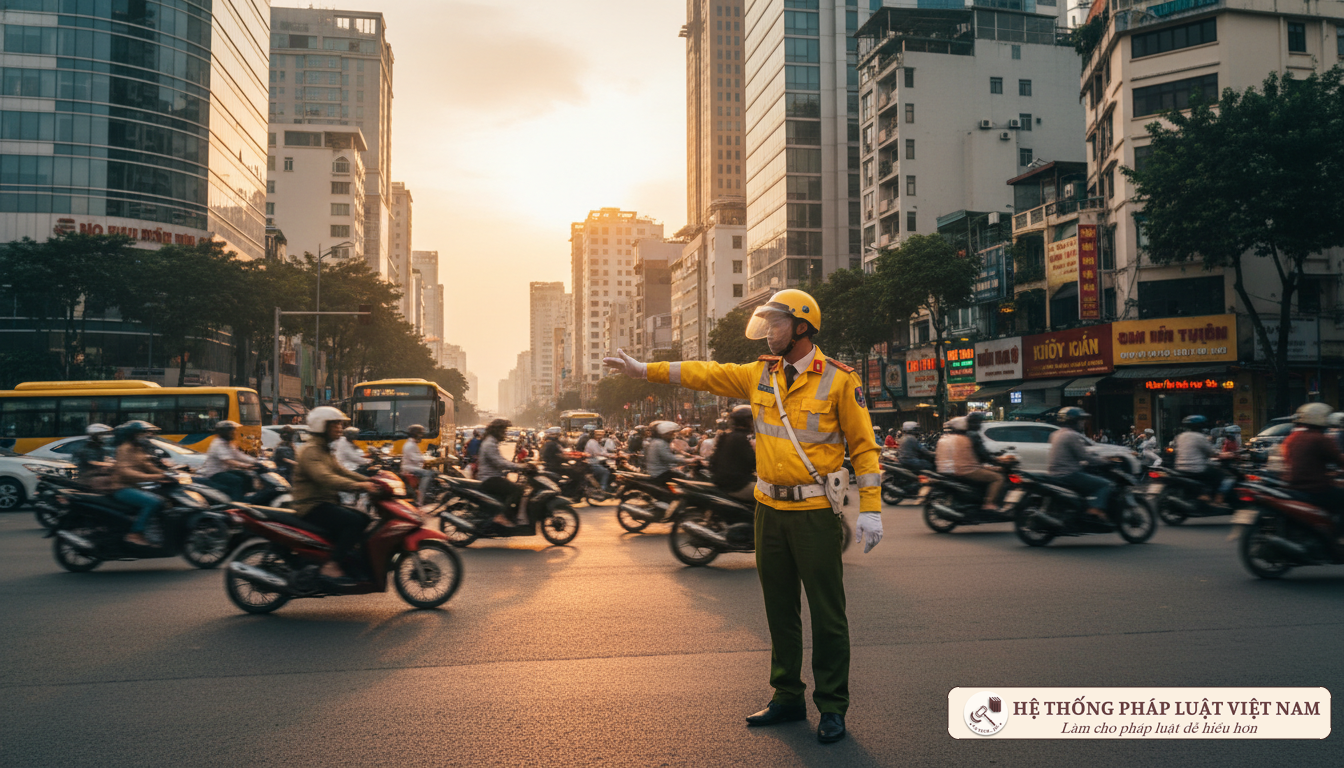Cảnh sát giao thông điều tiết giao thông tại ngã tư