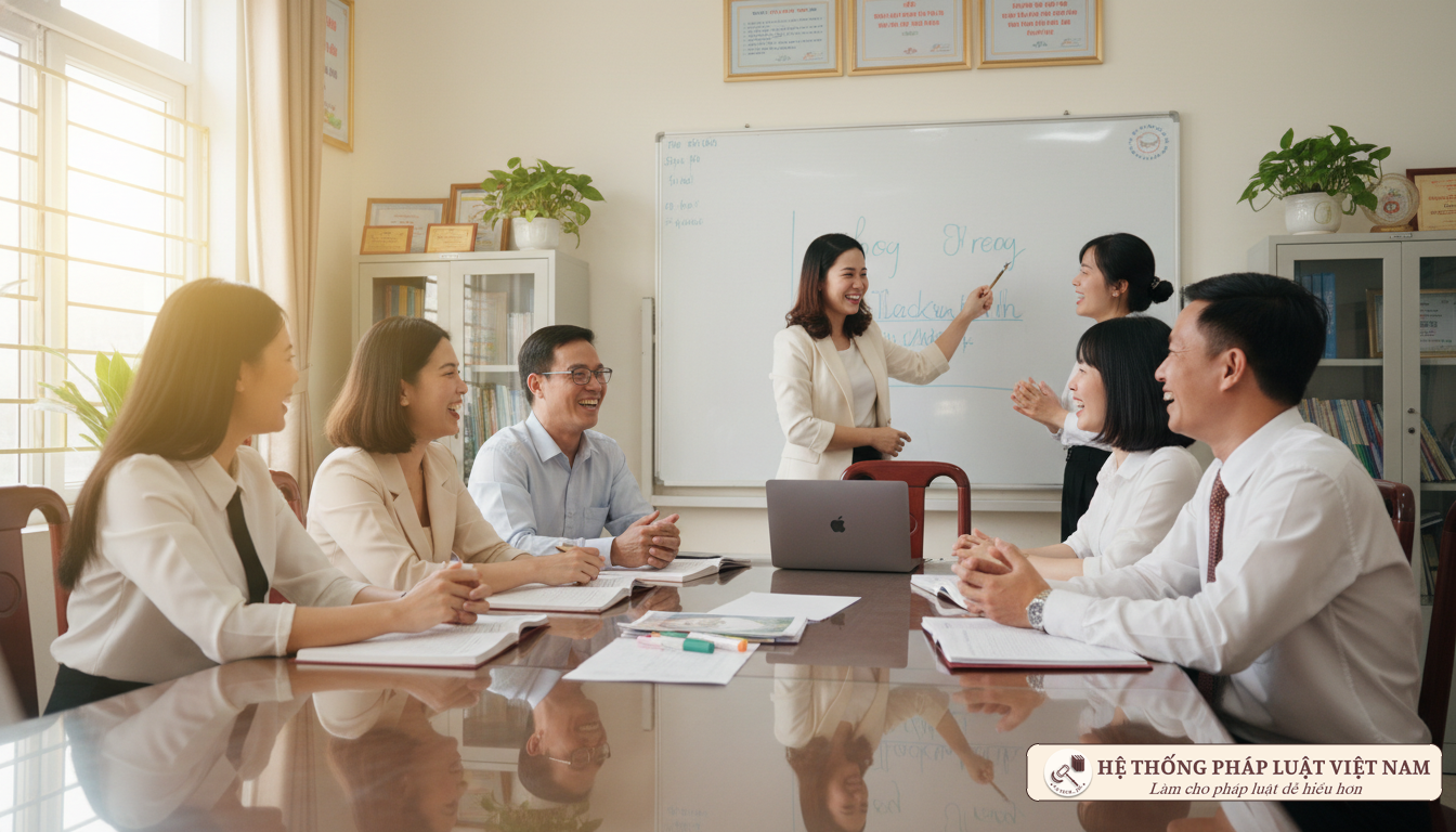 Nhóm giáo viên thảo luận chuyên môn vui vẻ