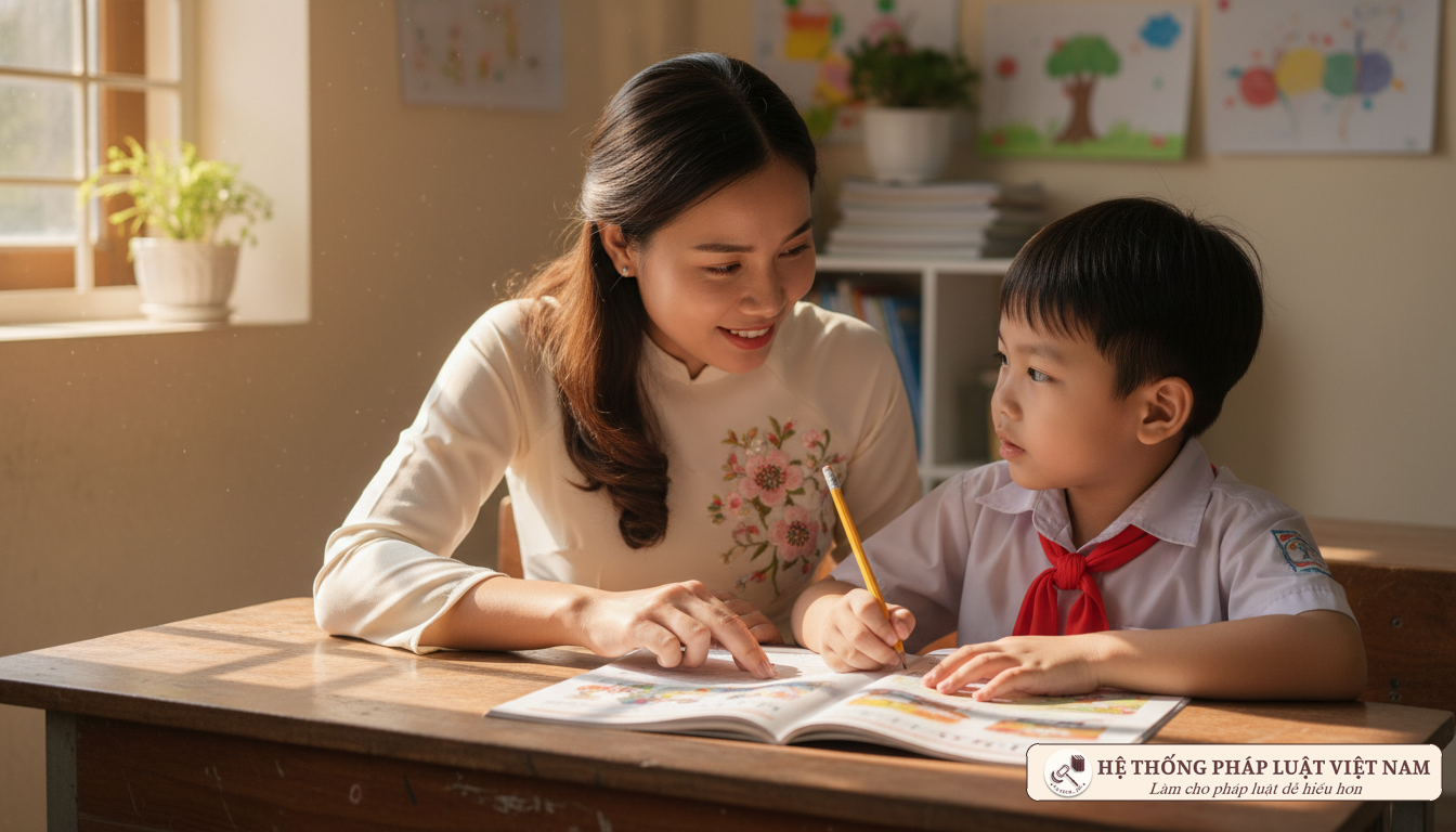 Giáo viên hướng dẫn học sinh tiểu học