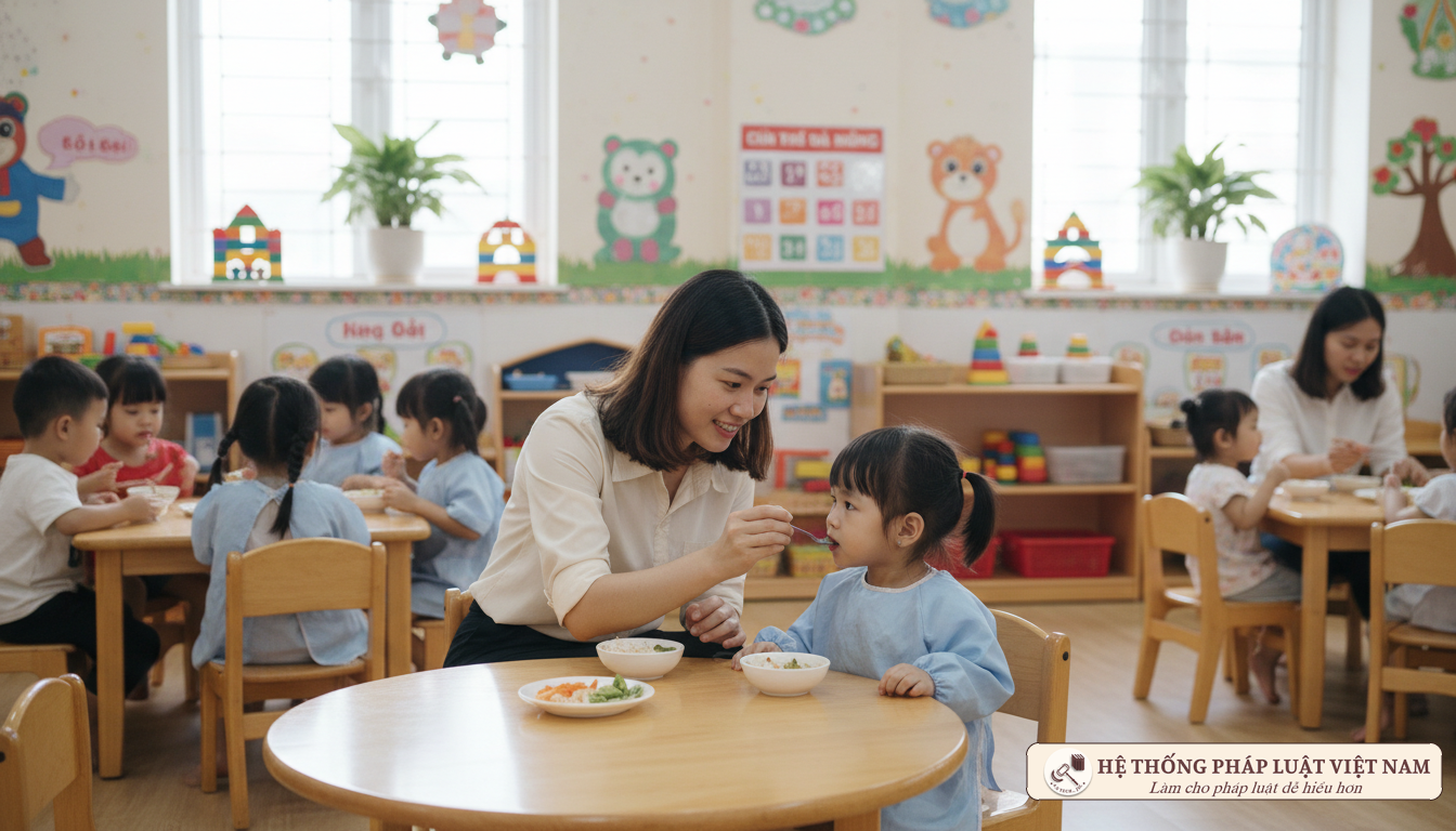 Cô giáo chăm sóc trẻ mầm non trong giờ ăn