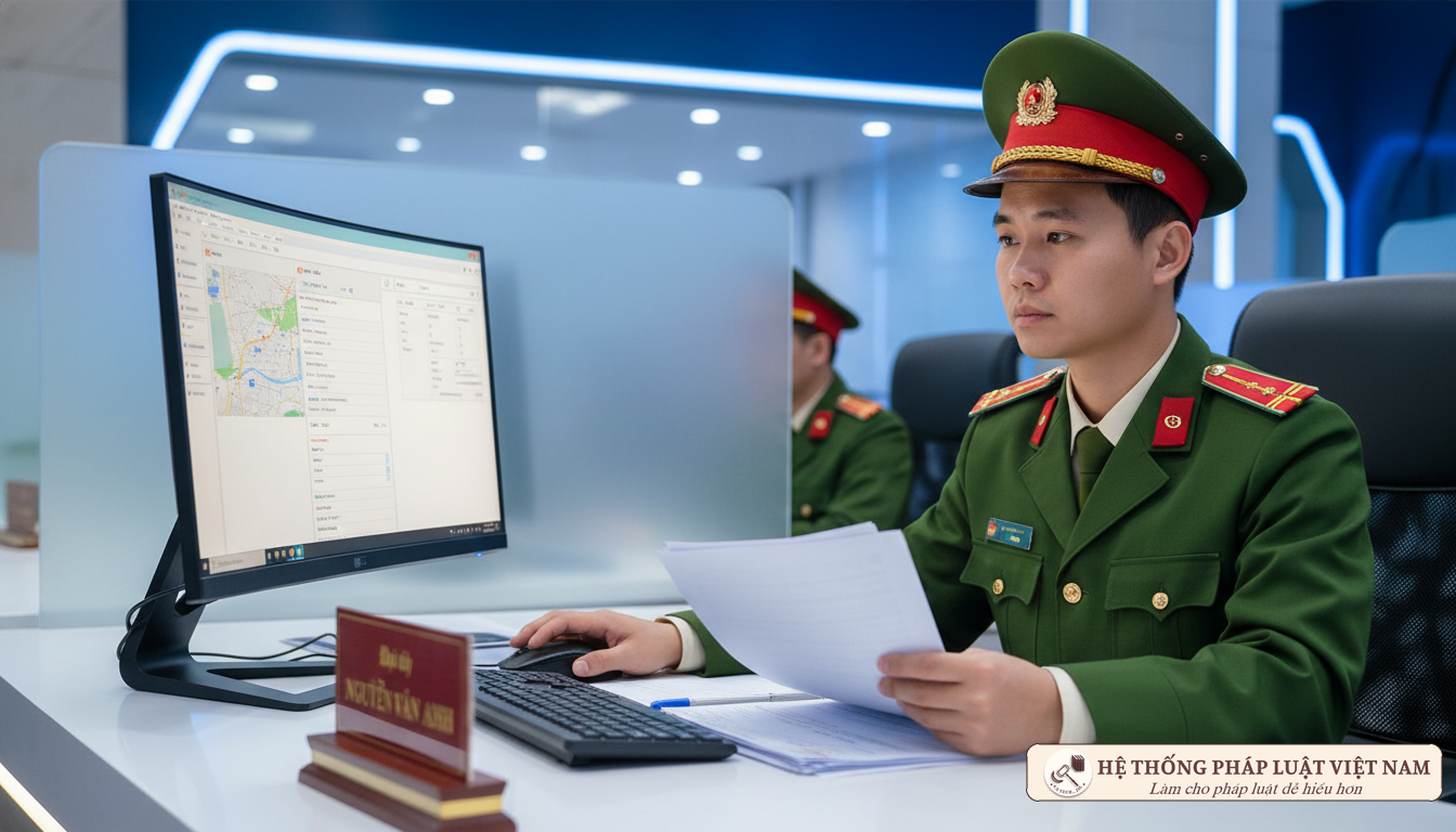 Cán bộ Cảnh sát giao thông kiểm tra hồ sơ đăng ký xe