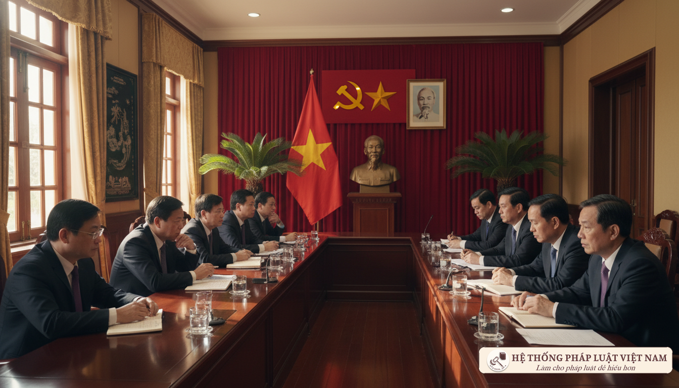 Phòng họp cơ quan nhà nước Việt Nam thảo luận về công tác cán bộ