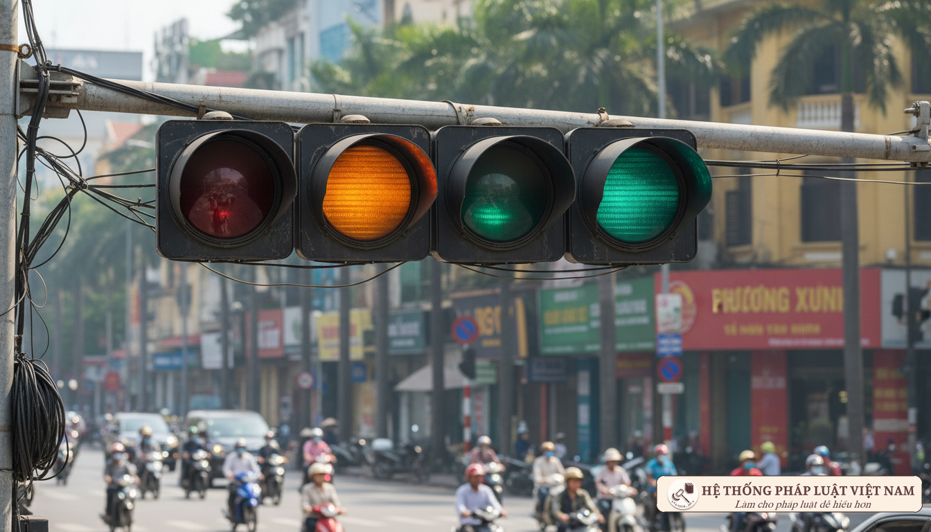 Cận cảnh đèn tín hiệu giao thông trên cần vươn