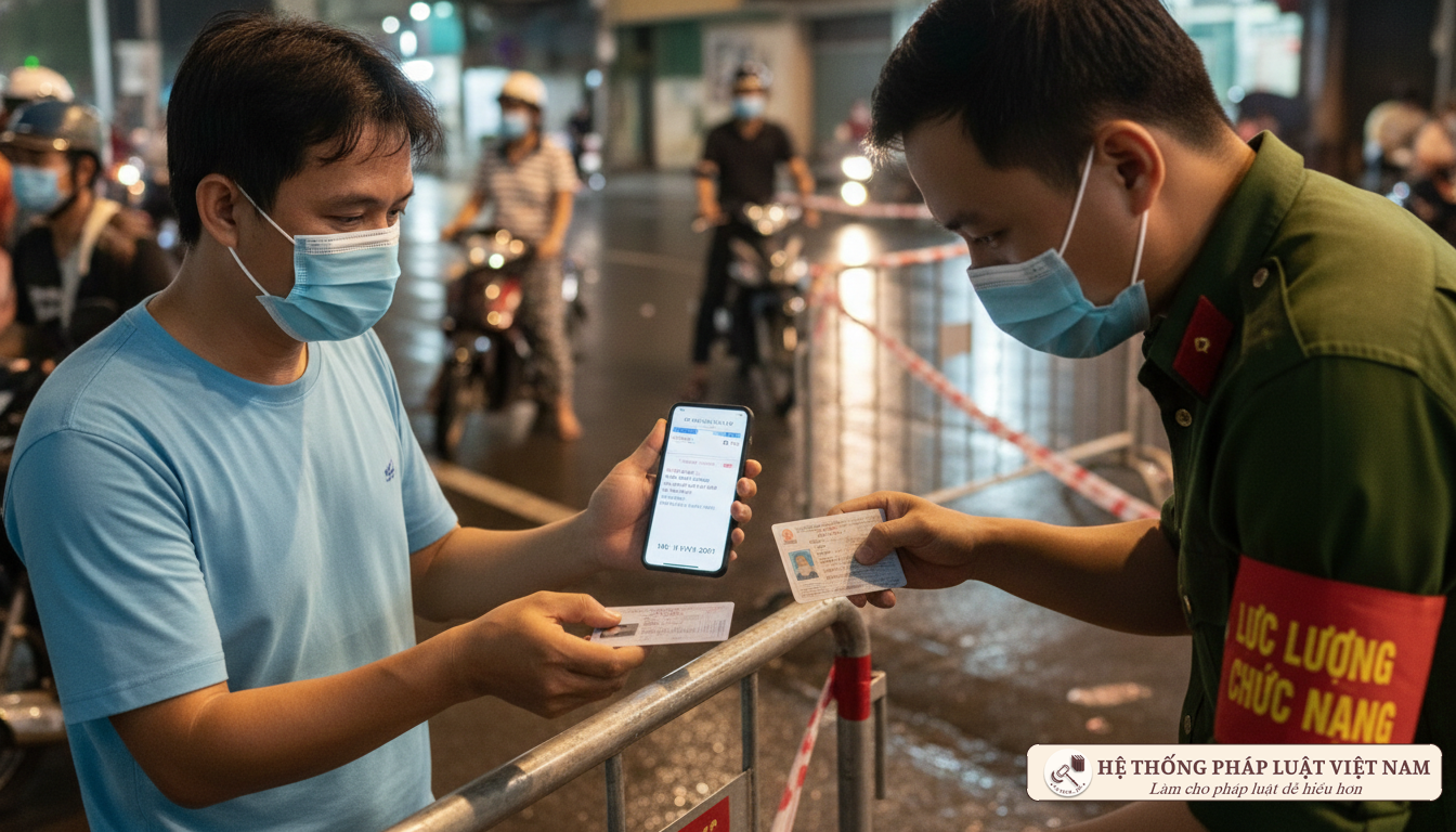 Người dân trình tin nhắn tiêm chủng tại chốt kiểm soát