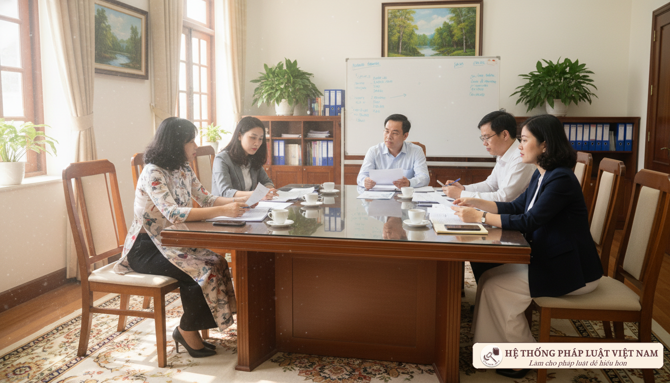 Các giáo viên thảo luận về ngân hàng câu hỏi thi