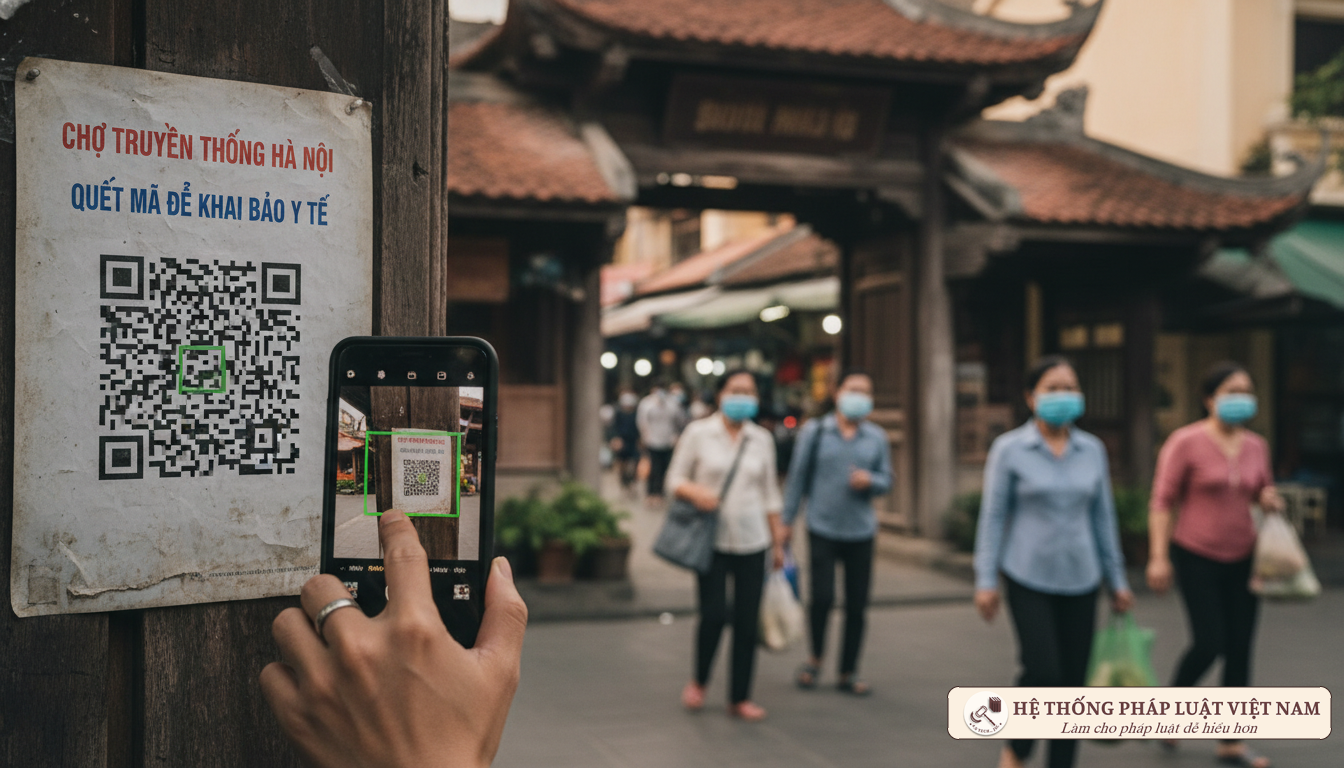 Quét mã QR tại chợ dân sinh Hà Nội 2021