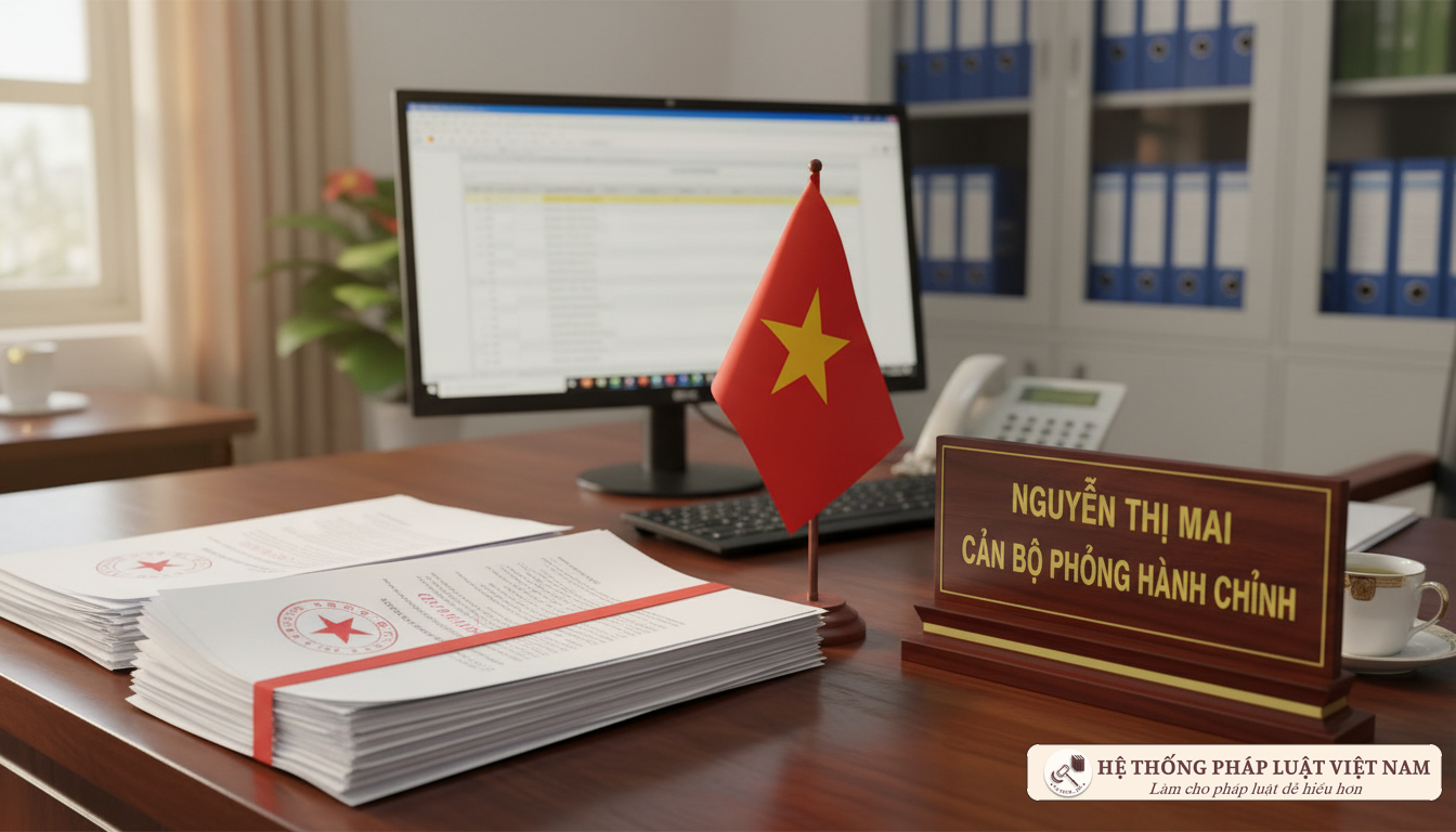 Bàn làm việc của công chức với hồ sơ và máy tính