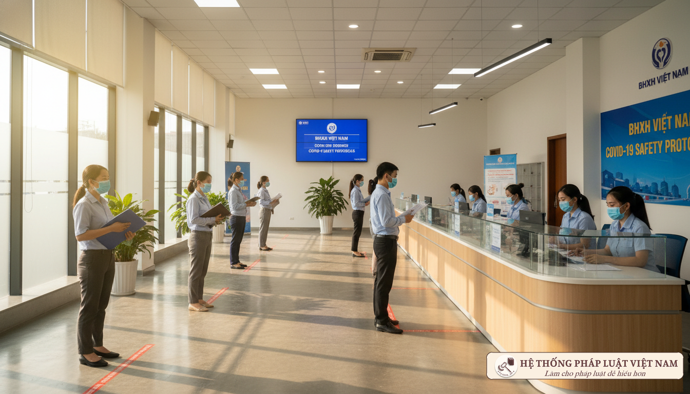 Thủ tục nhận hỗ trợ tại cơ quan BHXH Quang cảnh làm việc tại cơ quan Bảo hiểm xã hội năm 2021