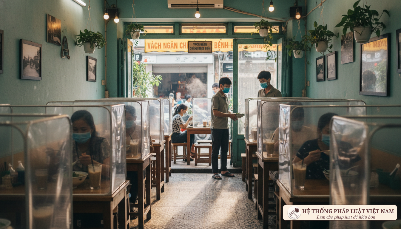 Quán ăn có vách ngăn phòng dịch tại Hà Nội