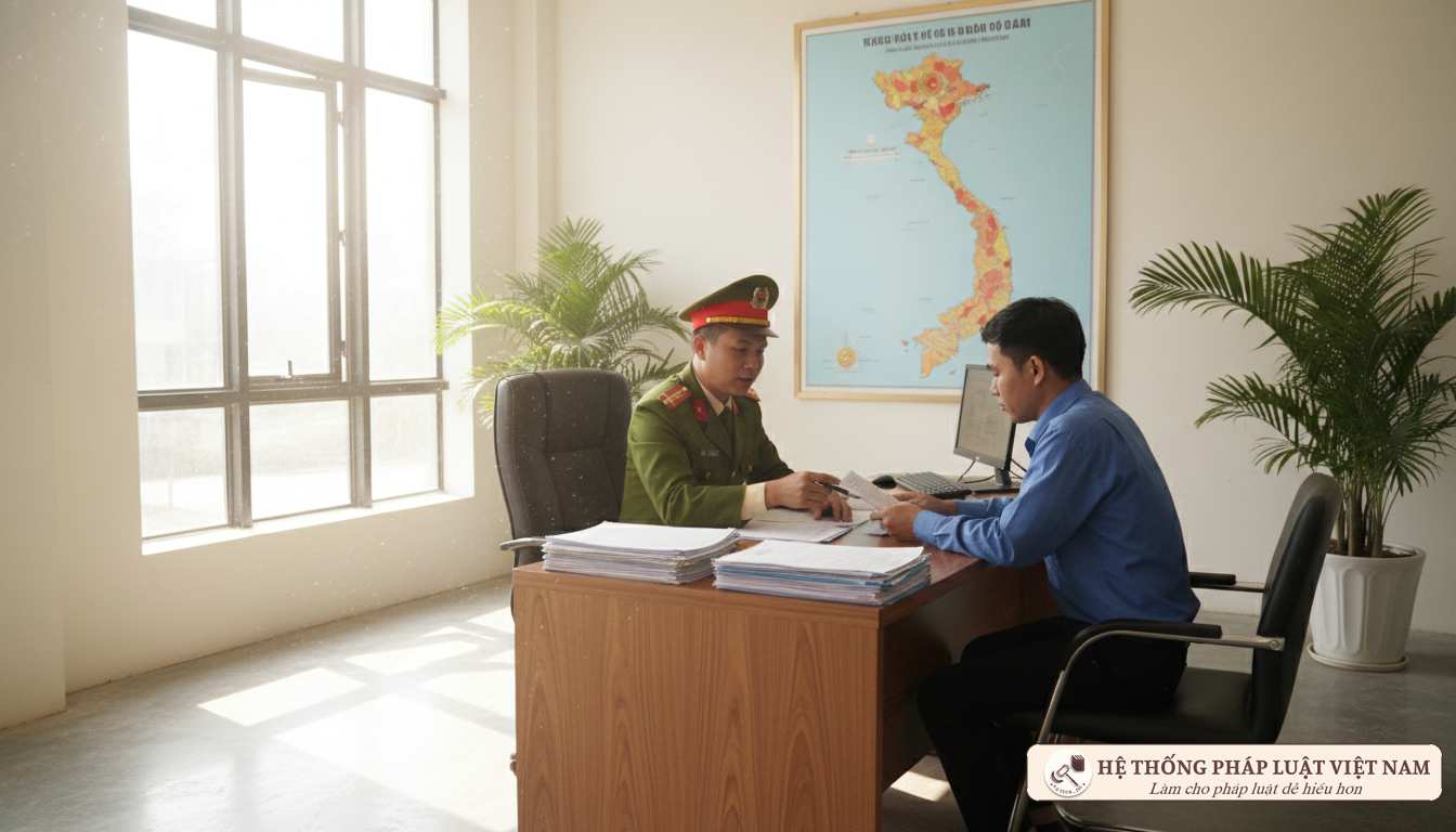 Cán bộ công an hướng dẫn thủ tục cư trú