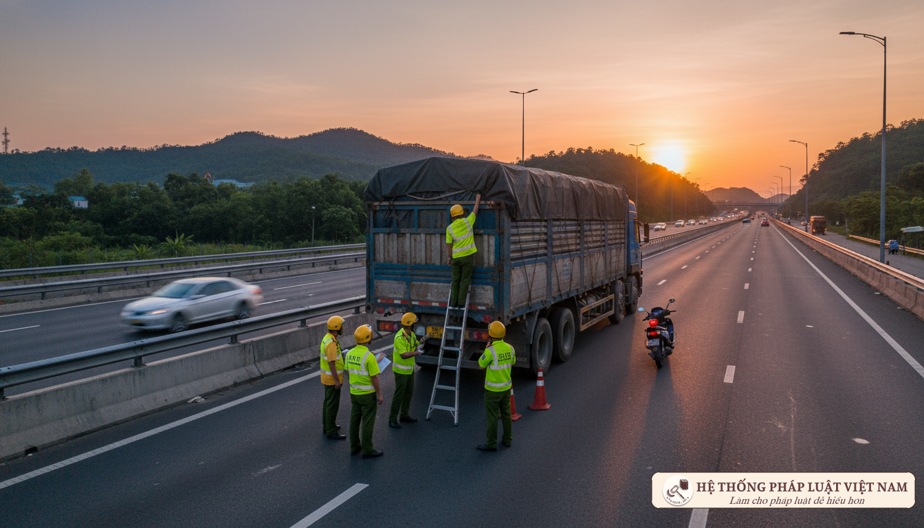 Cảnh sát giao thông kiểm tra xe tải vận chuyển