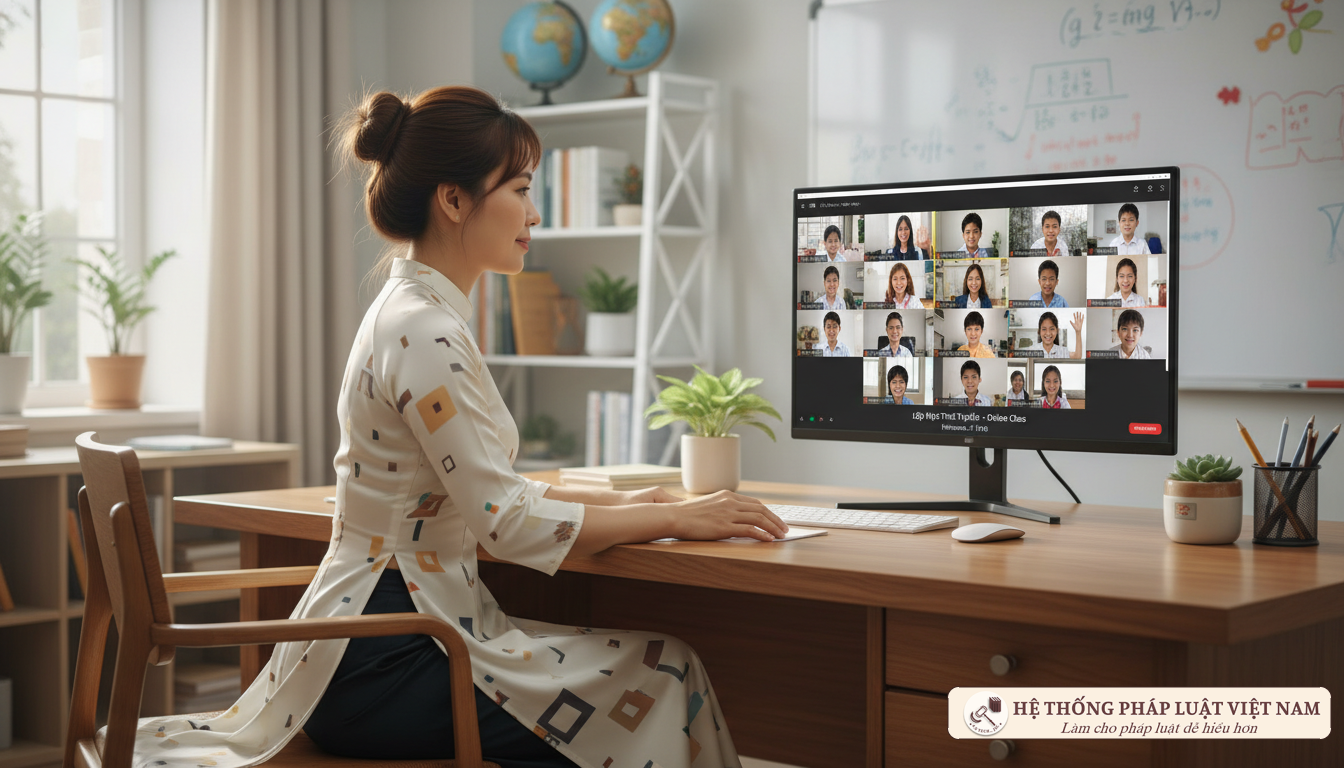 Giáo viên giám sát lớp học trực tuyến qua màn hình máy tính