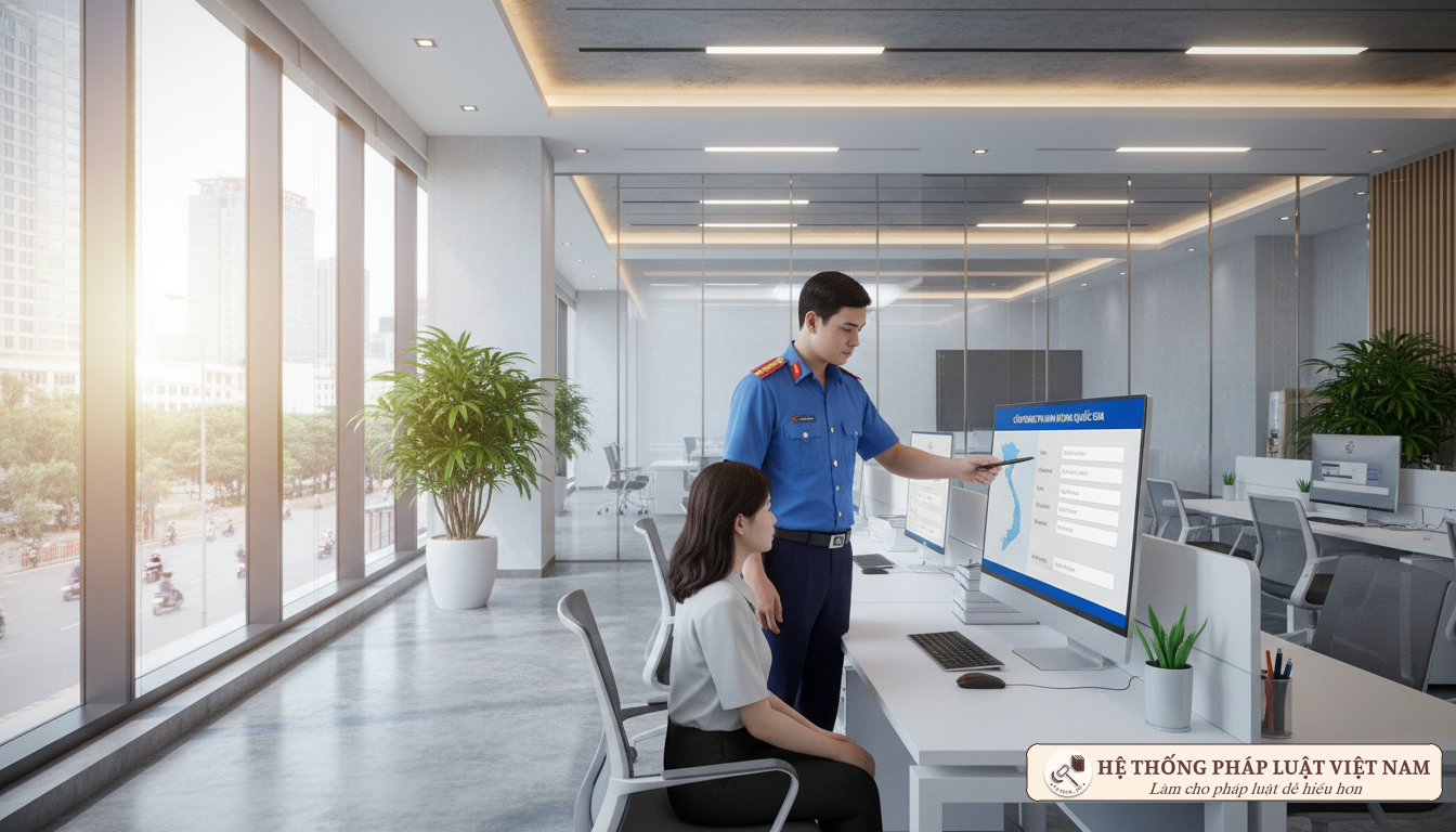 Cán bộ công an hỗ trợ người dân số hóa dữ liệu