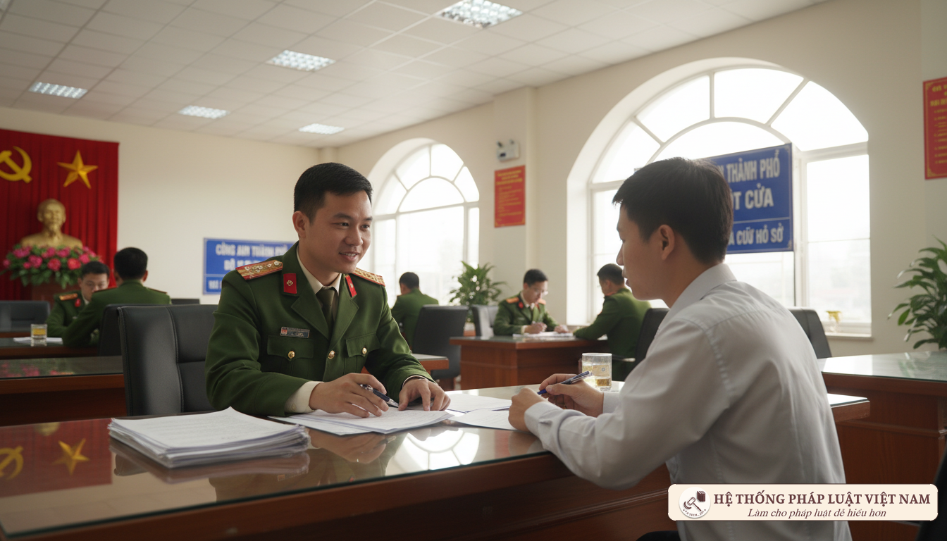 Cán bộ công an hướng dẫn đăng ký tạm trú