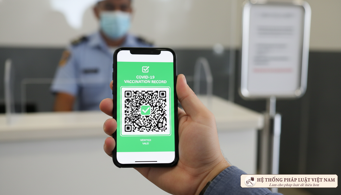 Mã QR xanh trên điện thoại di động chứng nhận tiêm chủng