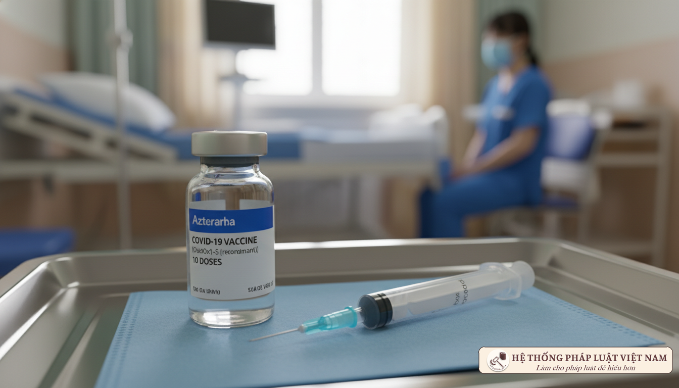 Lọ vắc xin AstraZeneca và dụng cụ y tế