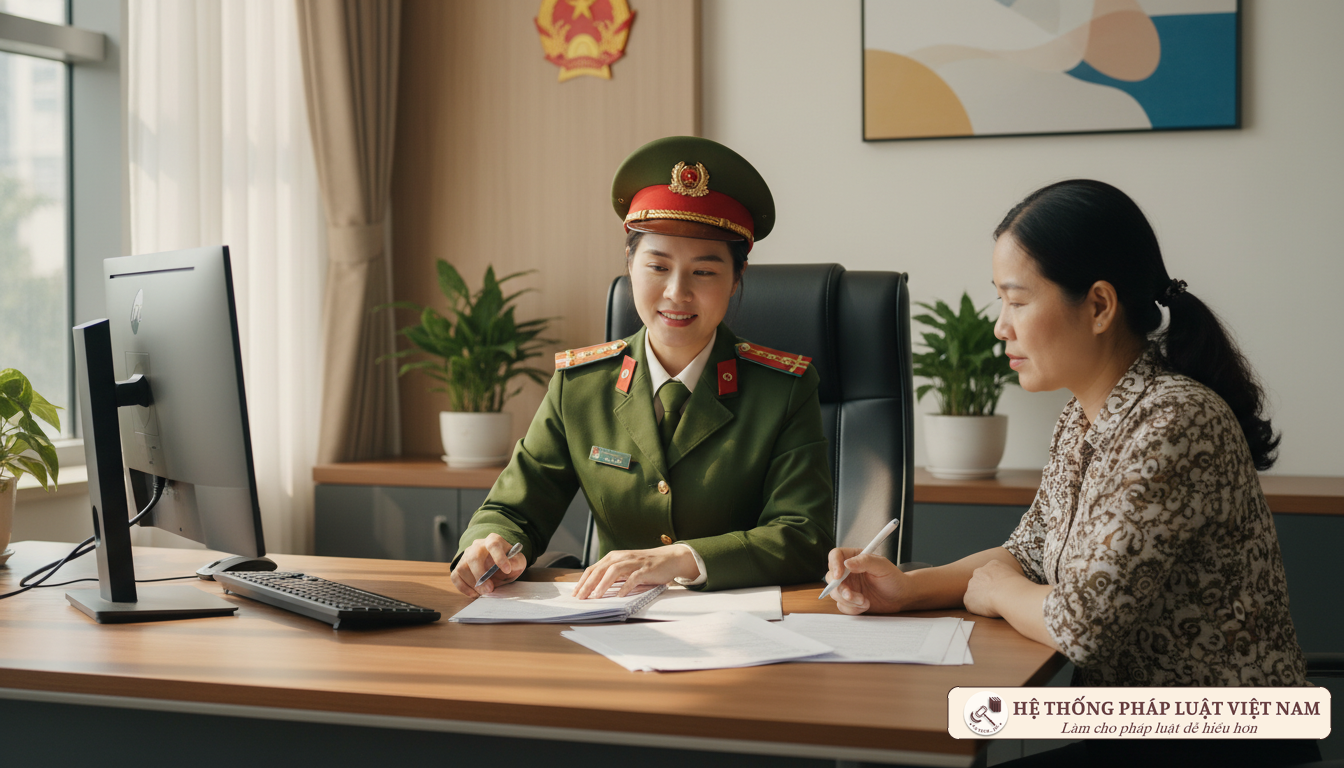 Cán bộ công an hướng dẫn thủ tục hành chính cho người dân