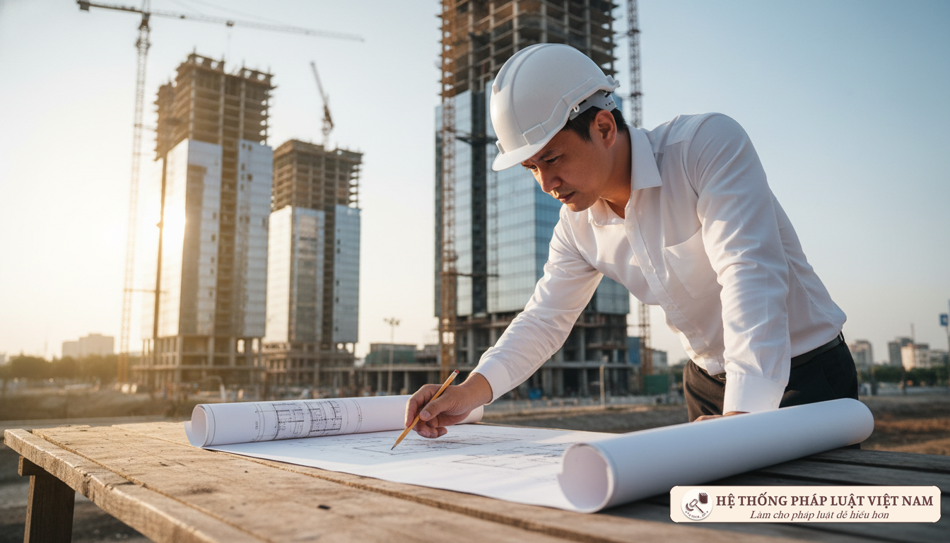 Kiến trúc sư đang làm việc với bản vẽ xây dựng