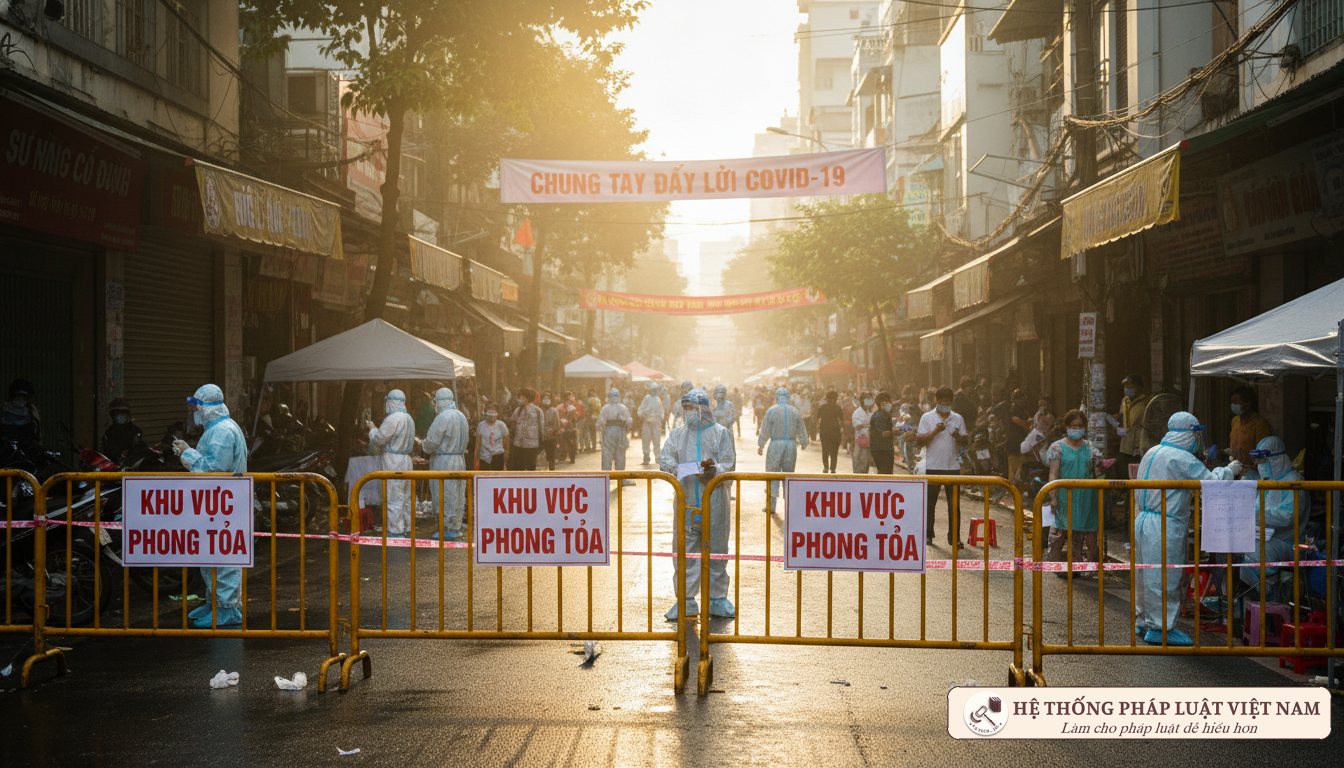Cảnh đường phố TP.HCM với rào chắn phong tỏa và nhân viên y tế lấy mẫu xét nghiệm COVID-19 năm 2021