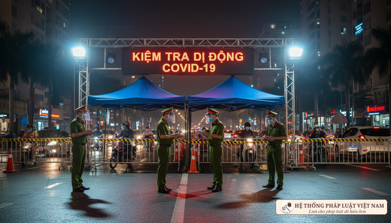 Lực lượng chức năng kiểm soát tại chốt chặn phòng dịch COVID-19