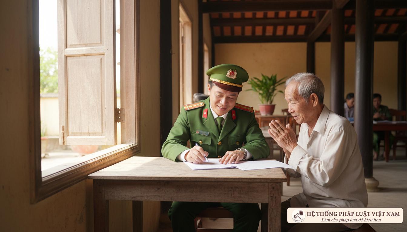 Cán bộ công an hướng dẫn người dân làm thủ tục cư trú