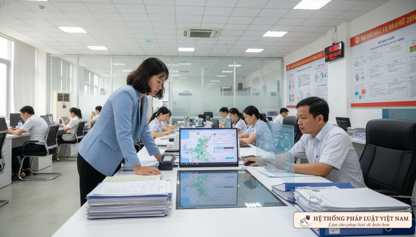 Cán bộ địa chính hỗ trợ người dân làm thủ tục đất đai