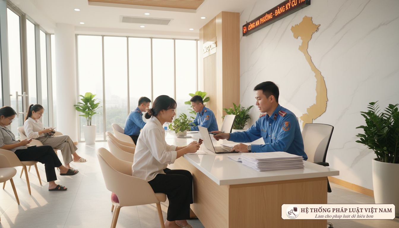 Cán bộ công an hướng dẫn người dân làm thủ tục cư trú
