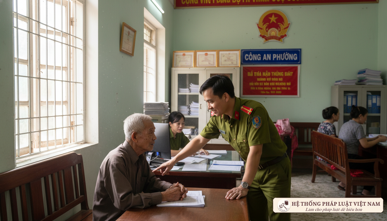 Cán bộ công an hướng dẫn người dân làm thủ tục cư trú