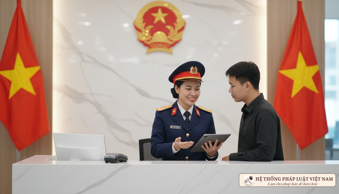 Cảnh sát hướng dẫn người dân làm thủ tục cư trú