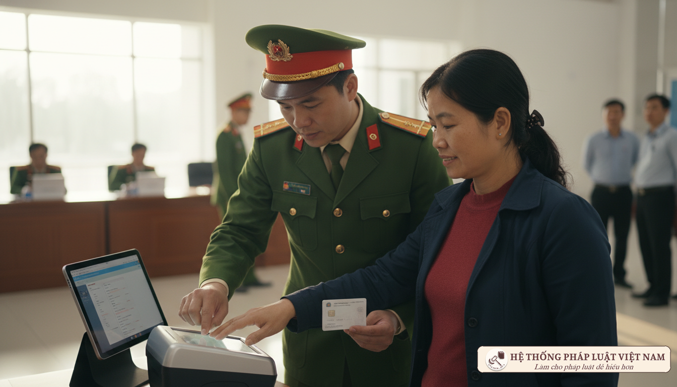 Cán bộ công an hỗ trợ người dân làm CCCD gắn chip hiện đại