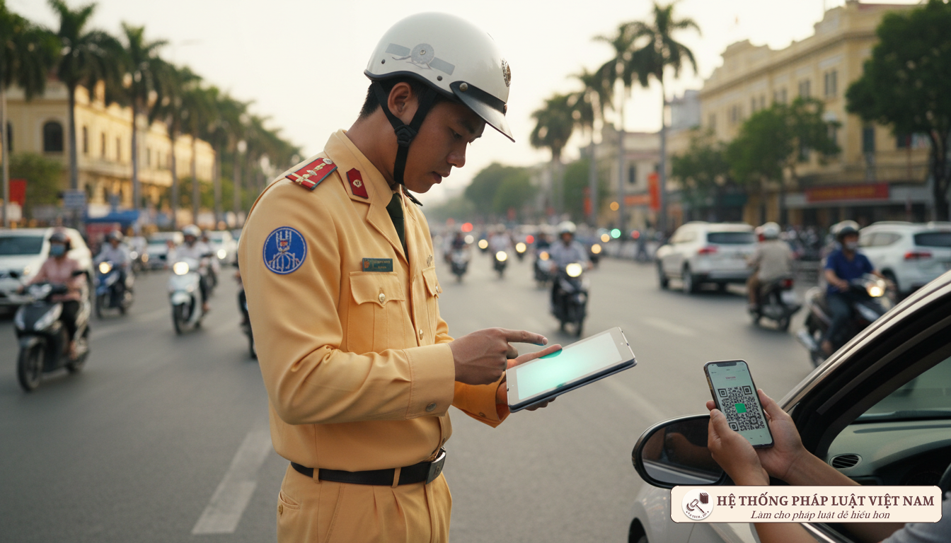 Cảnh sát giao thông kiểm tra bảo hiểm điện tử qua mã QR
