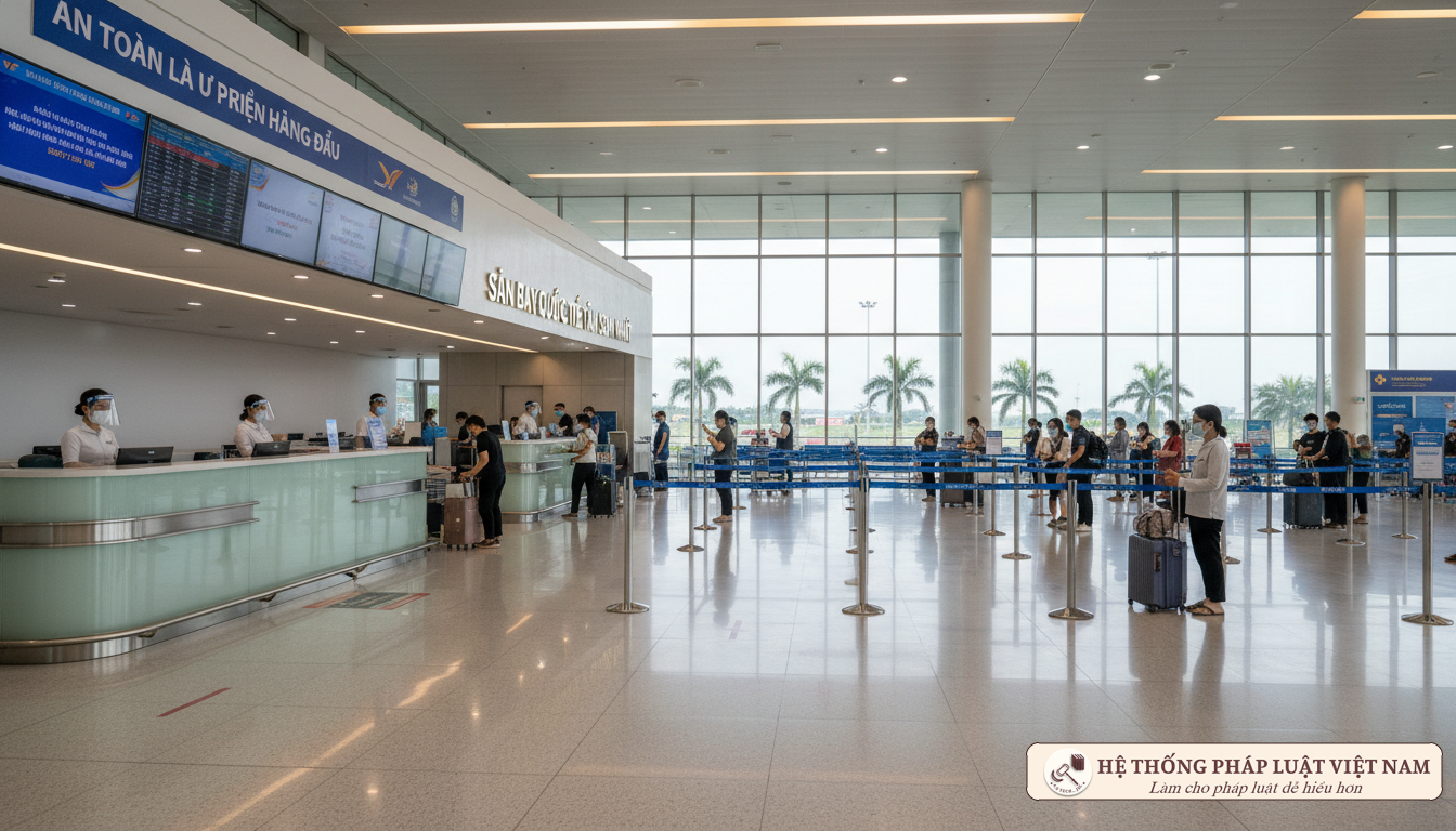 Hành khách làm thủ tục tại sân bay với khẩu trang và giãn cách