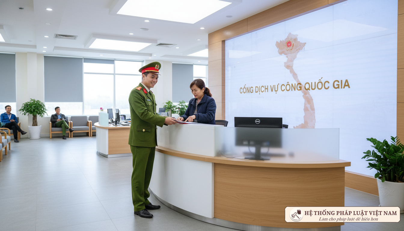 Cán bộ công an hướng dẫn thủ tục cư trú cho người dân