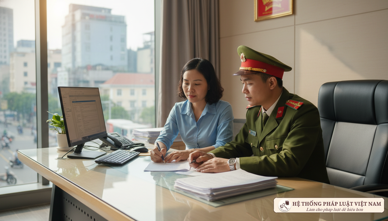Cán bộ công an hướng dẫn thủ tục cư trú