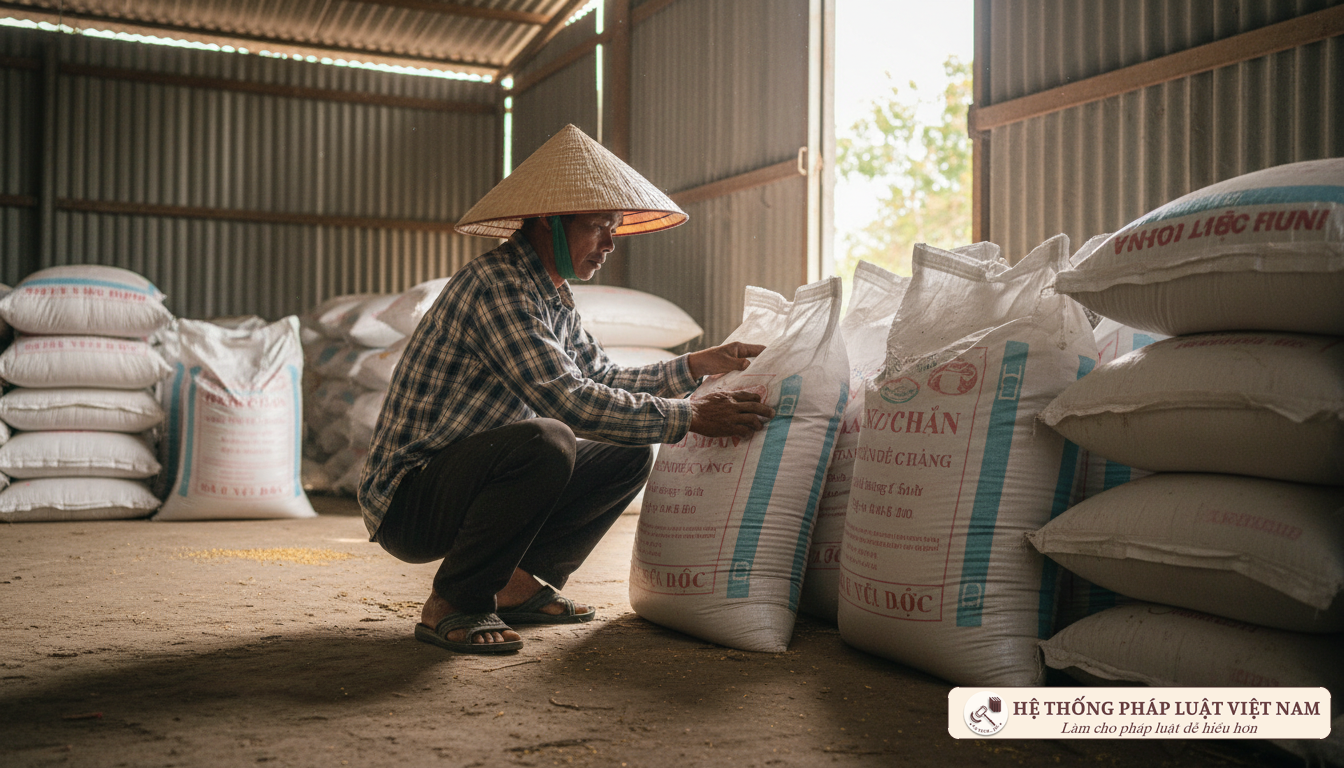 Người nông dân kiểm tra thức ăn chăn nuôi trong kho