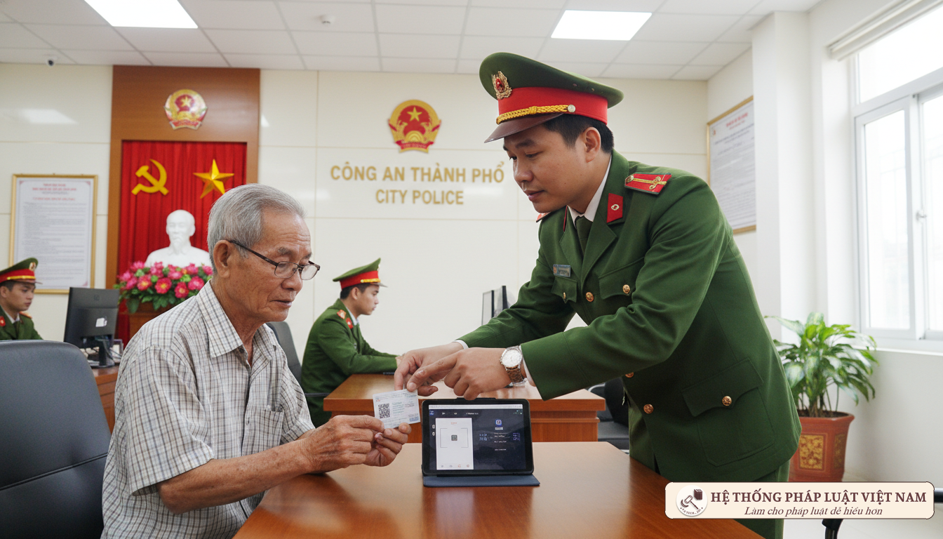 Cán bộ công an hướng dẫn quét mã QR trên CCCD
