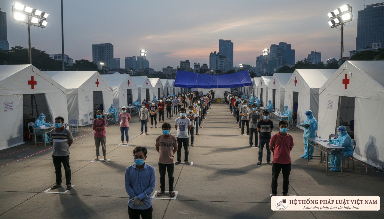 Người dân xếp hàng chờ sàng lọc y tế tại TP.HCM