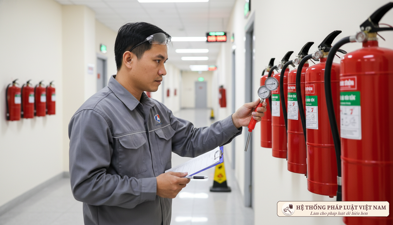 Kỹ thuật viên kiểm tra bình chữa cháy định kỳ